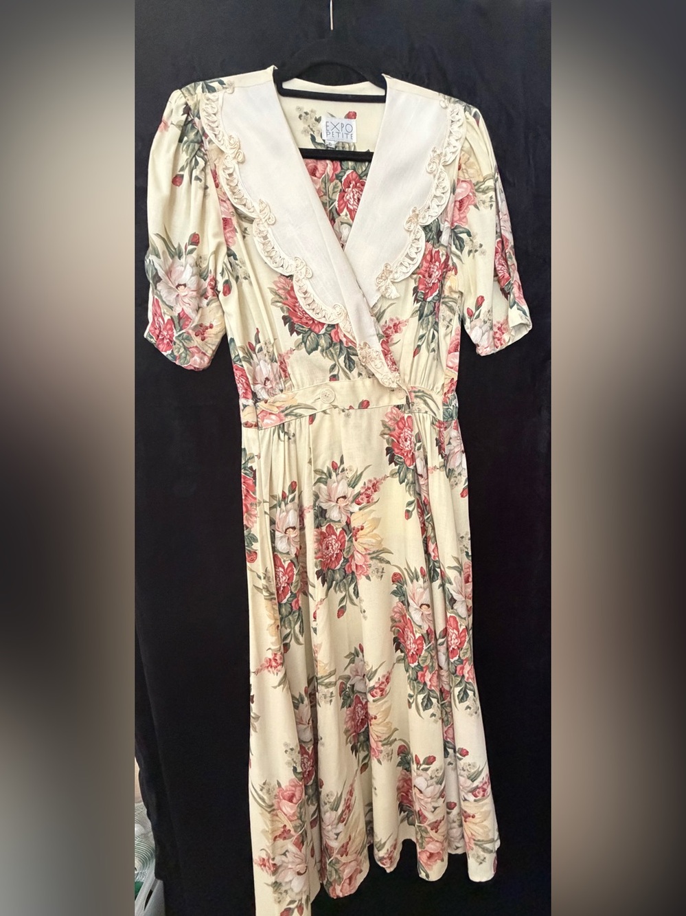 Vintage-Inspired Cream Floral Midi Dress with Lace Trim